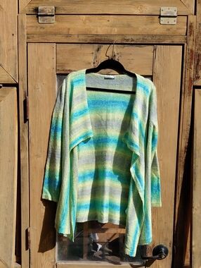 🔴 Lightweight Open-Front Striped Cardigan in Teal, Aqua & Light Gray